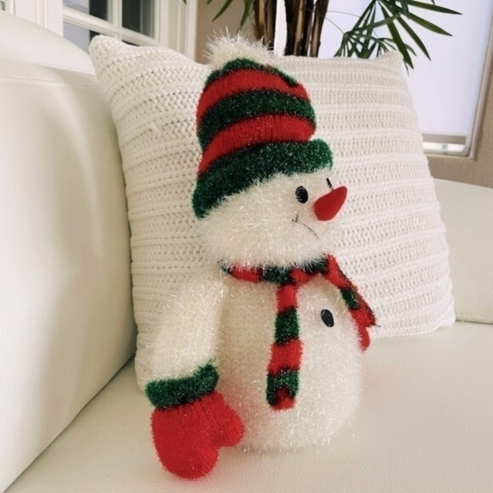 Tall Snowman Glossy Knitted Plush Figurine 13.5"x9.5" White Red Green Xmas VG